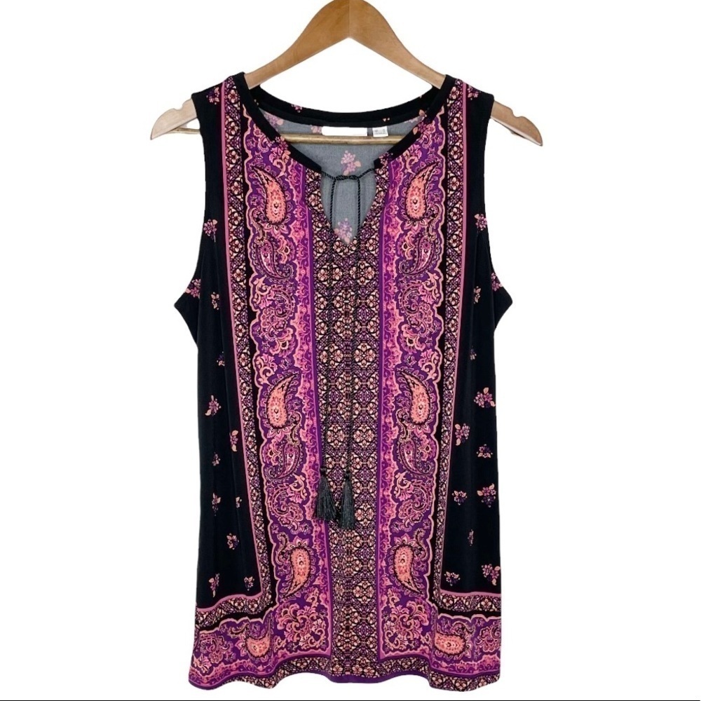 New Susan Graver Printed Liquid Knit Sleeveless Tie-Neck Top Black/Plum NWOT